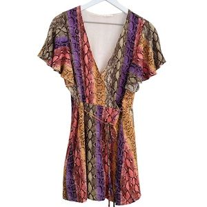 Hummingbird Colorful Snake Skin Print Flowy Flutter Sleeve Wrap Mini Dress Small